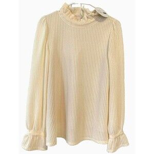 Waffle Knit Mazik Top Ladies Ruffle Neck Cream Knob Fabric Lined Small NWT